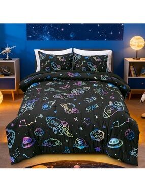 Space Rocket Print Bedding Set - Black